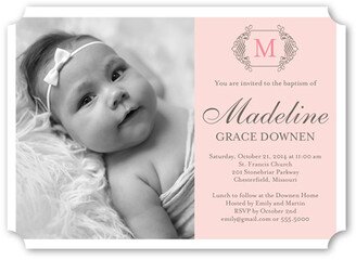 Baptism Invitations: Vintage Monogram Girl Baptism Invitation, Pink, Pearl Shimmer Cardstock, Ticket