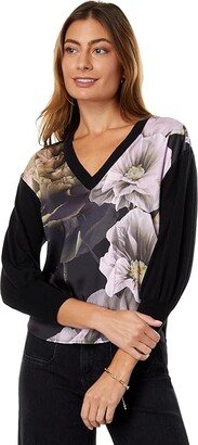 Hanalyy V-Neck Printed Woven Front Sweater (Black) Women's Clothing