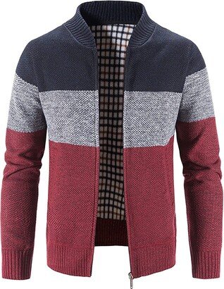 Puimentiua Mens Knitted Cardigan Warm Plus Velvet Zip Cardigan Sweater Jacket Casual Slim Long Sleeve Knitwear Jumper Red