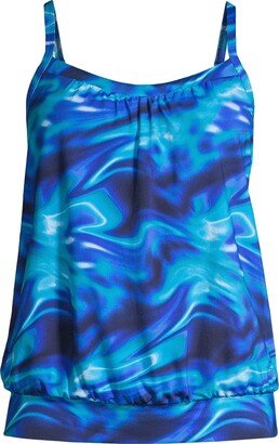 Women's Petite Blouson Tummy Hiding Tankini Swimsuit Top Adjustable Straps - Electric blue multi/swirl