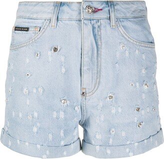 Crystal-Embellished Denim Shorts-AE