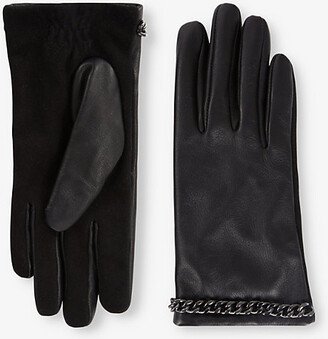 Womens Black Chain-embellished Leather Gloves