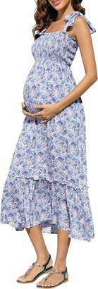 KOJOOIN Women's Maternity Dress Boho Spaghetti Strap Square Neck Floral Ruffle Nursing Maxi Dress Baby Shower Casual Blue/White Floral Print XL