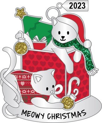 Ganz Sentiment Ornament Cat 'Meowy Christmas' with Dated 2023 Charm - Green, Red, Silver-Tone