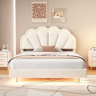 Full Upholstered Smart LED Bed Frame with Elegant Flowers Headboard,Floating Velvet Platform LED Bed with Wooden Slats Support