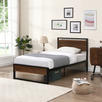 Calnod Twin Bed Frames with Wood Headboard and Footboard, Metal Platform Bed Frame with Storage