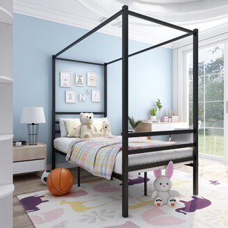 RASOO Black Metal Canopy Bed Frame with Vintage Style Headboard & Footboard-AA