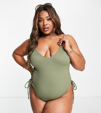 We Are We Wear Plus Nicola ribbed swimsuit in olive vs cream