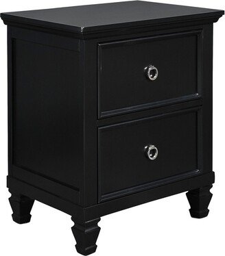 2 Drawer Wooden nightstand with Tapered Legs and Metal Rings, Black