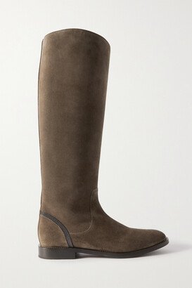 Bead-embellished Suede Knee Boots - Brown