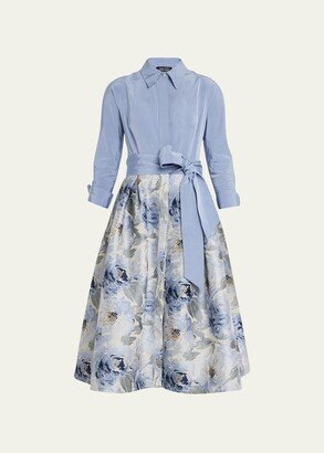 Pleated Floral Jacquard Midi Shirtdress