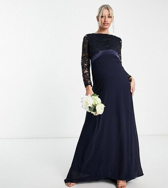 TFNC Maternity Bridesmaids chiffon maxi dress with lace scalloped back and long sleeves in navy