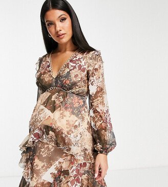 ASOS DESIGN Maternity long sleeve mini dress in patchwork floral print with circle trims