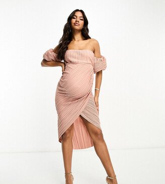 ASOS DESIGN Maternity off shoulder wrap plisse midi dress in soft pink