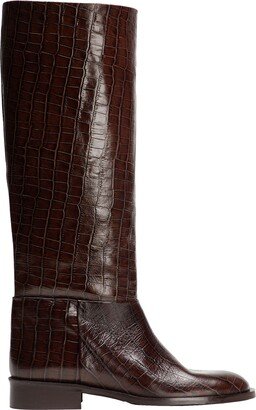 Croc Printed Leather Round-toe High Boot Knee Boots Dark Brown