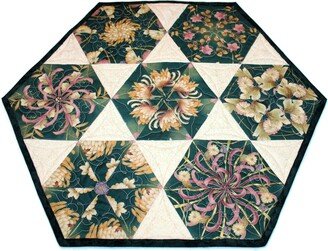 Floral Quilted Table Topper in Green Rose Pink & Gold, Spider Mums Hexagon Handmade Patchwork Quilt