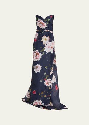 Strapless Floral Gazar Gown with Train