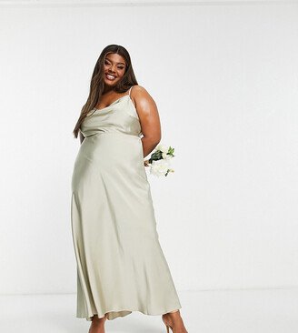 ASOS DESIGN Bridesmaid Curve satin cowl neck maxi dress with full skirt in sage green