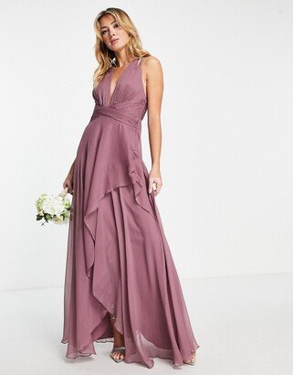 Bridesmaid ruched bodice maxi dress with layered wrap skirt in mauve