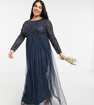 Bridesmaid long sleeve maxi tulle dress with tonal delicate sequin in navy