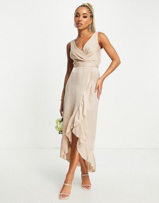 Blume Bridal wrap satin midi dress with frill skirt detail in mink