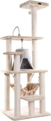 65 Real Wood Cat Tree With Rope, Hammock, Playhouse