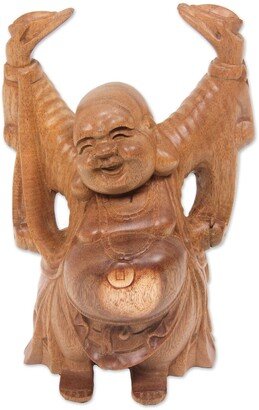 Handmade Wood Statuette, 'Relaxed Happy Buddha'