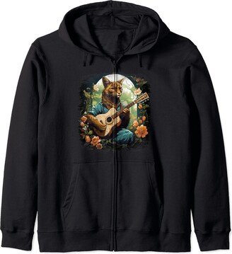 Cottagecore creations inc. Cottagecore Aesthetic cougar / puma Playing Banjo guitar art Zip Hoodie