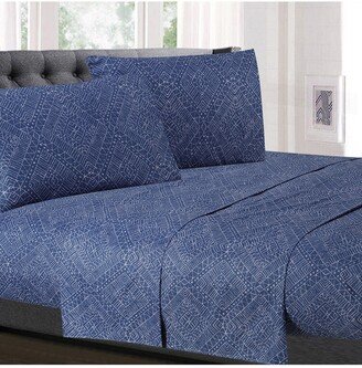 Printed Cal King 4-Pc Sheet Set - Blue/White