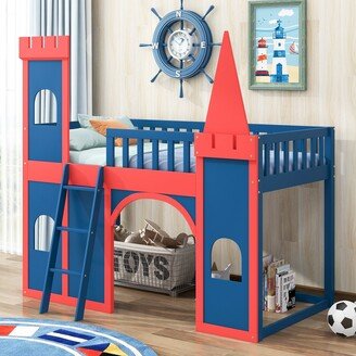 EYIW Twin Size Castle Shaped Loft Bed with Underbed Storage Space, Red