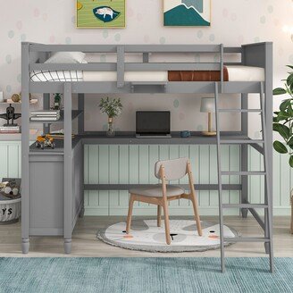 IGEMAN Full Size Loft Bed with Drawers and Desk, Wooden Bedframe with Shelves