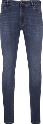 Mid-blue Stretch Denim Slim Fit Jeans With Washed Effect