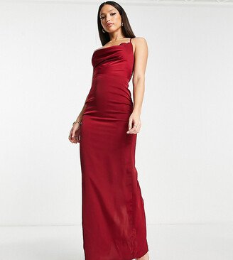 NaaNaa Tall cowl neck satin prom maxi dress in burgundy