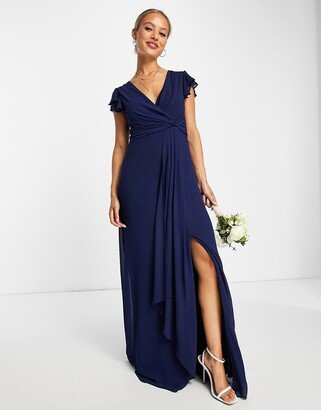 bridesmaid flutter sleeve ruffle detail maxi dress in navy