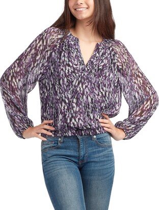 Juniors' Printed Ruched-Neck Long-Sleeve Peasant Top