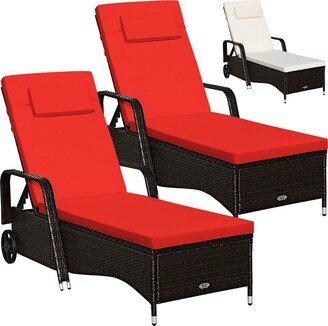 2PCS Cushioned Outdoor Wicker Lounge Chair w/ Wheel Adjustable