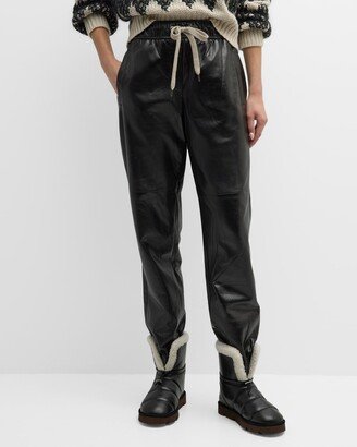 Glossy Napa Leather Track Pants with Elasticated Waist