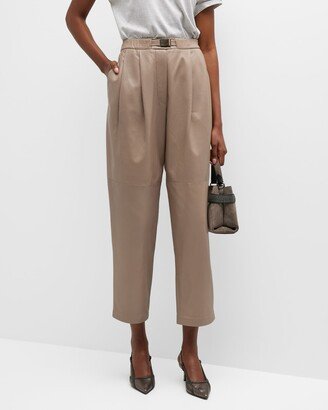 Pleated Straight-Leg Napa Leather Belted Pull-On Pants