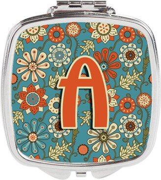 CJ2012-ASCM Letter a Flowers Retro Blue Compact Mirror