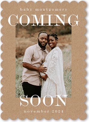 Birth Announcements: Coming Before Long Pregnancy Announcement, Beige, 5X7, Matte, Signature Smooth Cardstock, Scallop