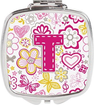 CJ2005-TSCM Letter T Flowers & Butterflies Pink Compact Mirror