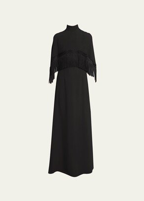High-Neck Fringe Cape Gown