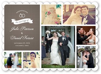 Wedding Announcements: Wedding Rings Collage Wedding Announcement, Brown, Pearl Shimmer Cardstock, Scallop