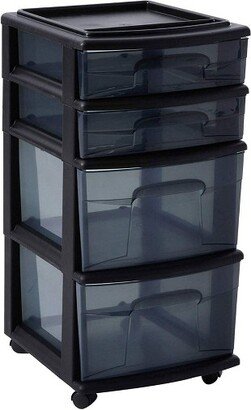 Homz Tall Solid Plastic Versatile 4 Drawer Medium Home Storage Cart with 4 Caster Wheels for Home, Office, Dorm, and Classroom, Black