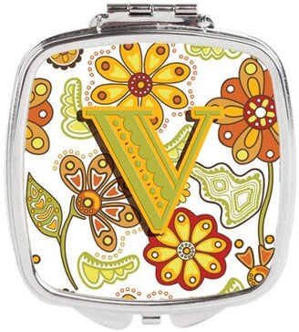 CJ2003-VSCM Letter V Floral Mustard & Green Compact Mirror