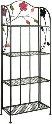 65 Inch Metal Foldable Bakers Rack, Four Tier with Flower Motifs, Black