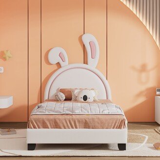 Aoolive Twin Size Platform Bed with Rabbit Ornament, Upholstered Leather