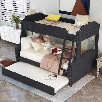 IGEMAN Black Twin over Full Button Tufted Upholstered Bunk Bed with Trundle and Ladder