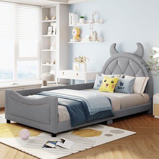 GREATPLANINC Twin Size Upholstered Daybed with OX Horn Shaped Headboard, Kids Bedroom Wooden Platform Bed Frame No Box Spring Needed, Gray