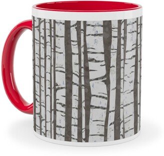 Mugs: Birch Trees - White On Brown Ceramic Mug, Red, 11Oz, Gray